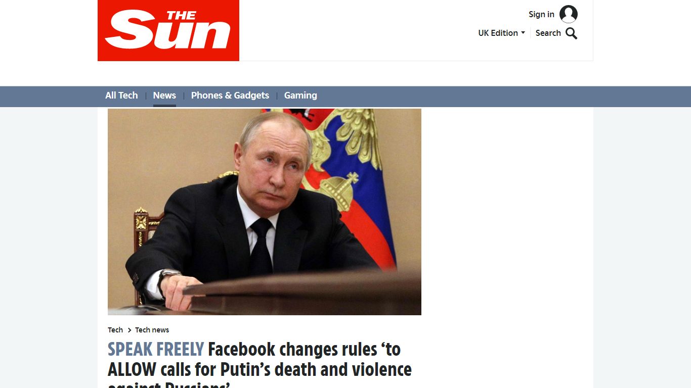 Facebook changes rules 'to ALLOW calls for Putin's death'